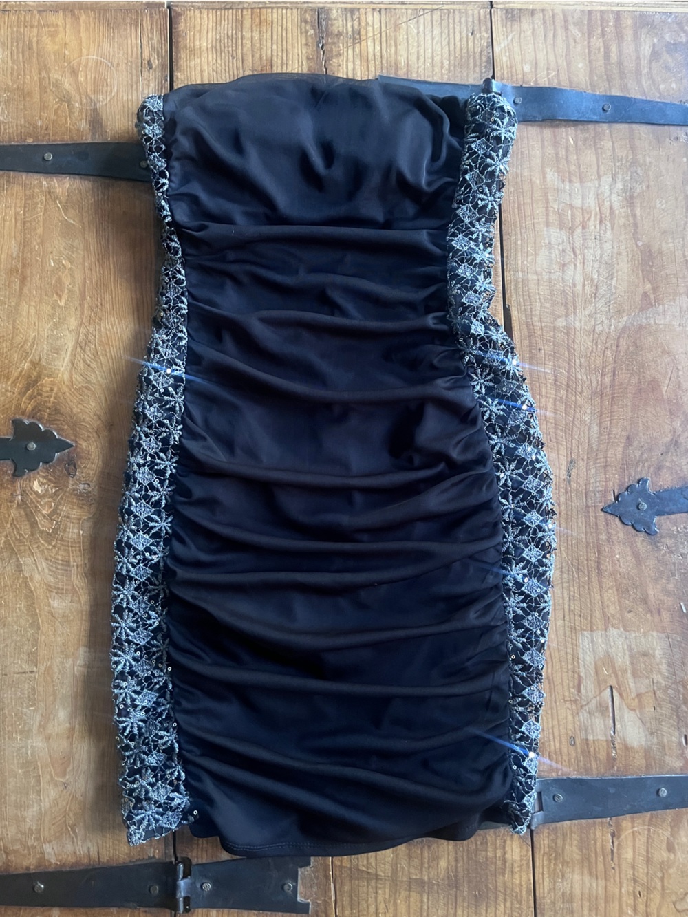 Studio Y Black Strapless Ruched Bodycon Mini Dress with Silver Beaded Side Panel